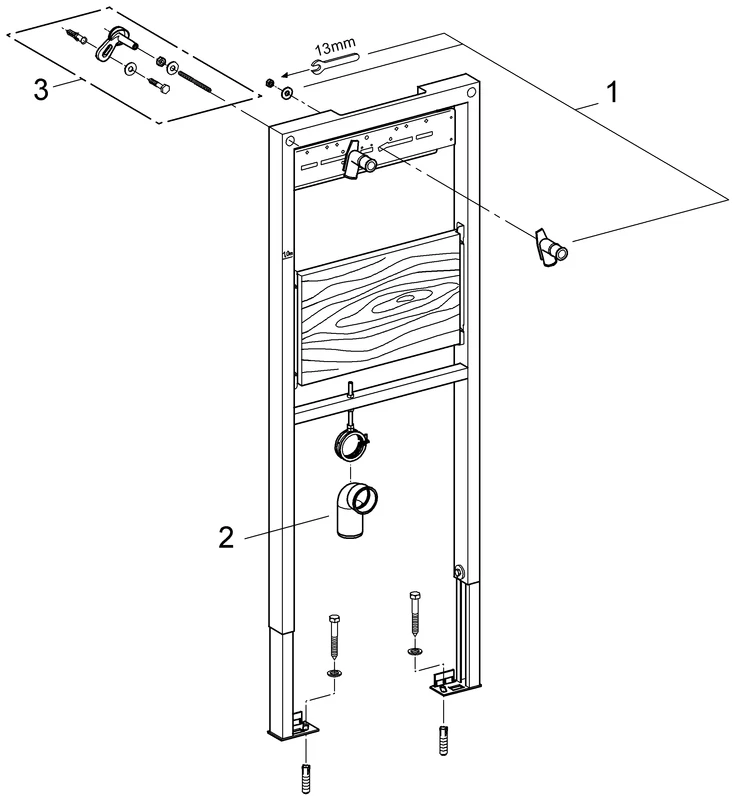 Ausguss-Element Rapid SL 38544, 1,30 m Bauhöhe, für Vorwand- oder Ständerwandmontage, 2 schallgedämmte Armaturenanschlüsse DN 15, HT-Ablaufbogen DN 50