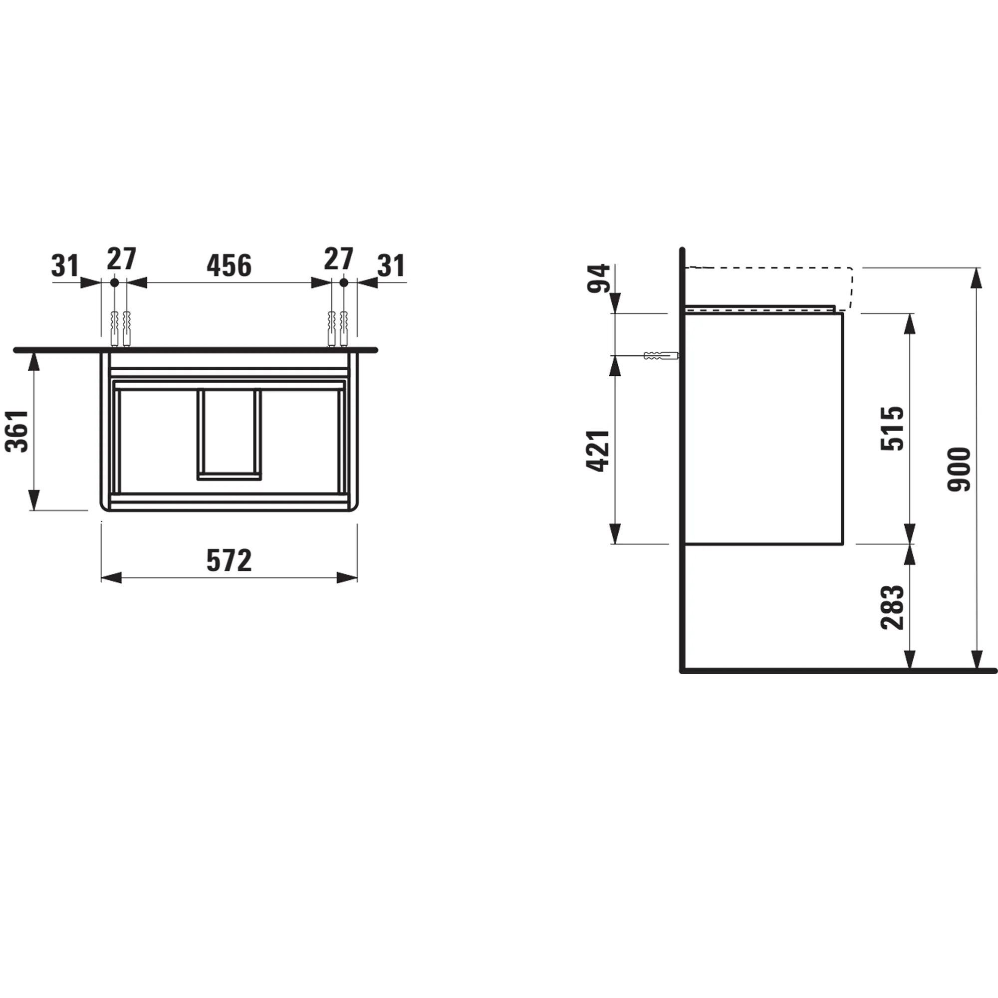 Waschtischunterbau BASE 2.0 für PRO S 361x572x515 2 Schubladen mit Griffmulde für Waschtisch H818959 COMPACT weiß matt