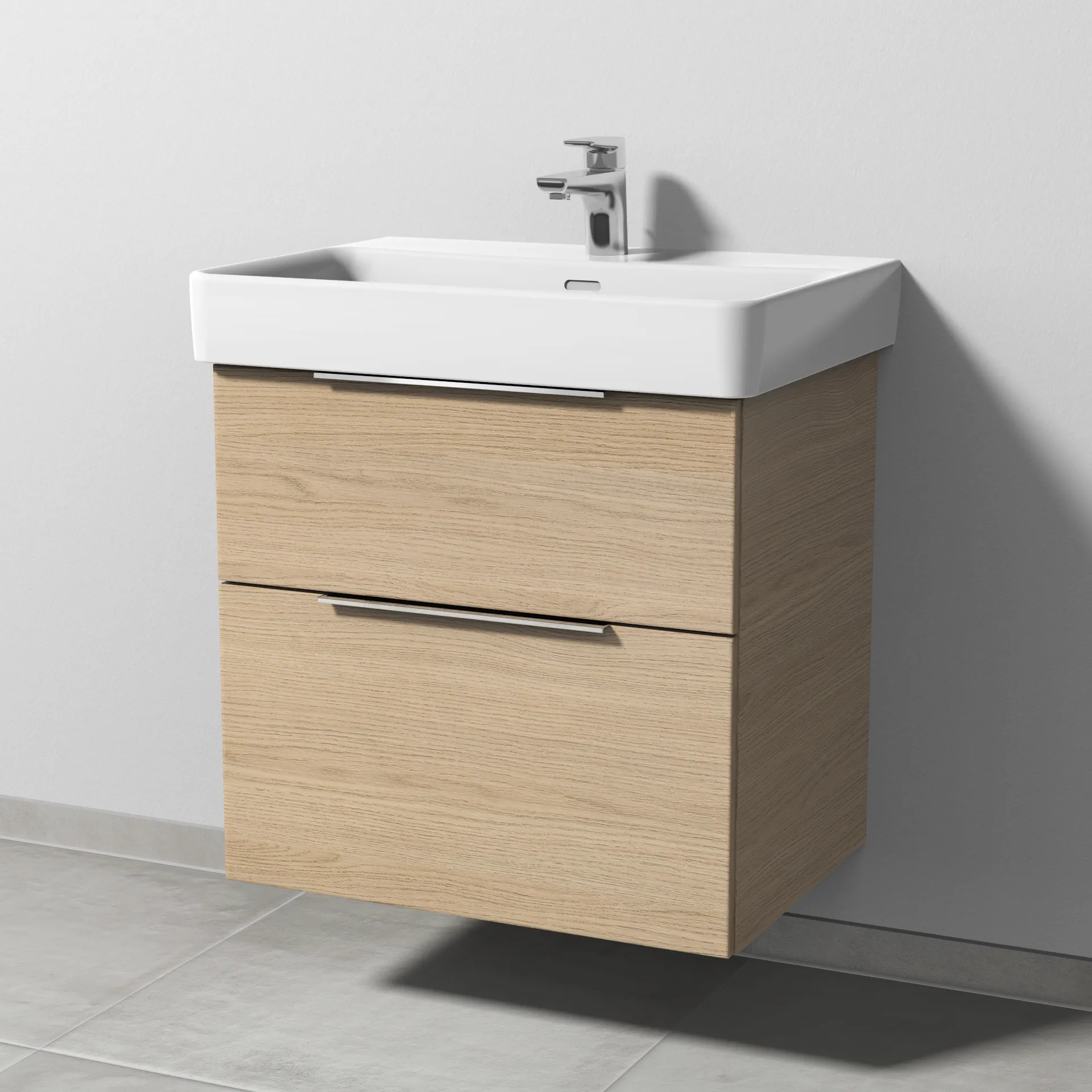 Sanipa Waschtischunterschrank „3way“ passend zu Keramik-Waschtische Pro S von Laufen 600 × 593 × 437 mm in Eiche Nordic, Becken mittig