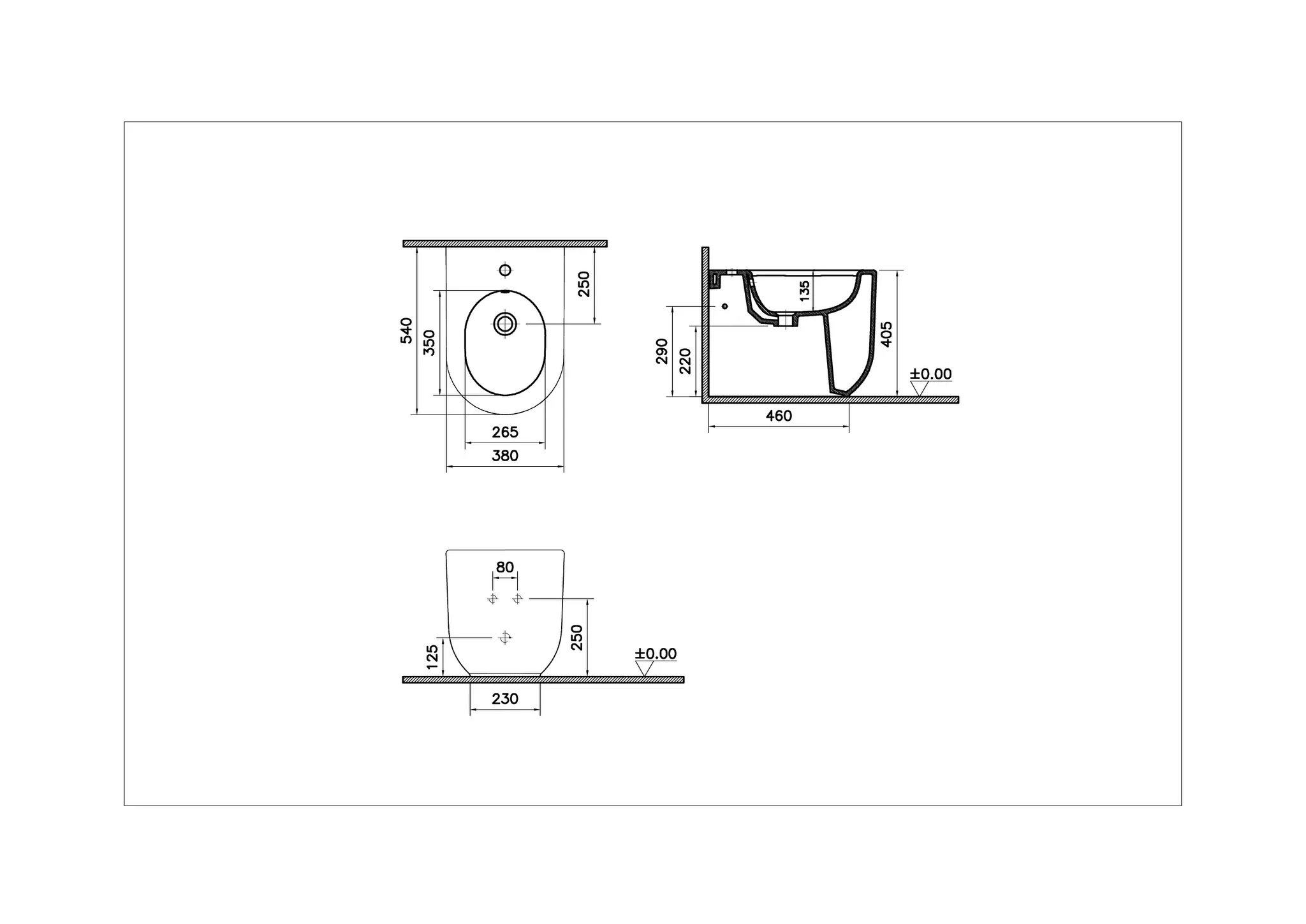 VitrA Liquid Stand-Bidet, 380 x 540 mm, verdeckte Befestigung, Weiß Hochglanz