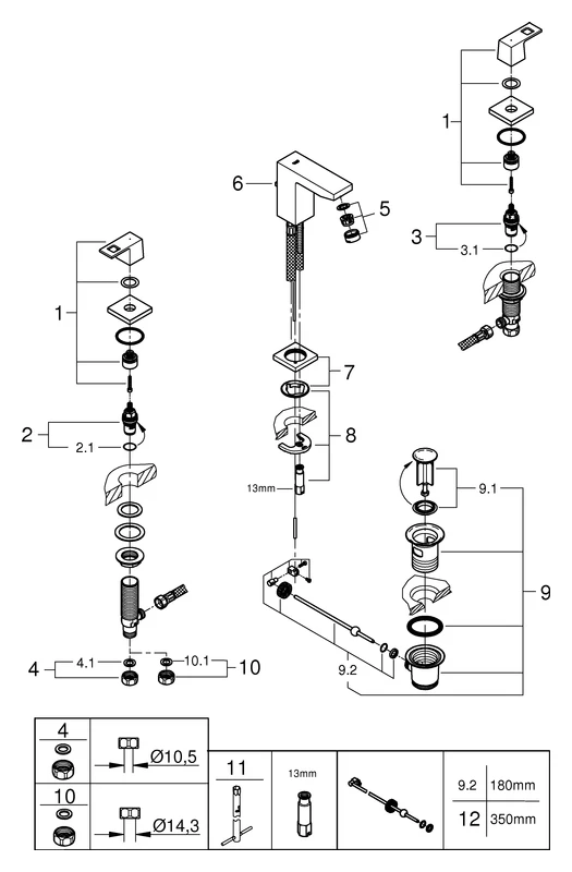 3-Loch-Waschtischbatterie Eurocube 20351, Zugstangen-Ablaufgarnitur 1 1/4'', chrom