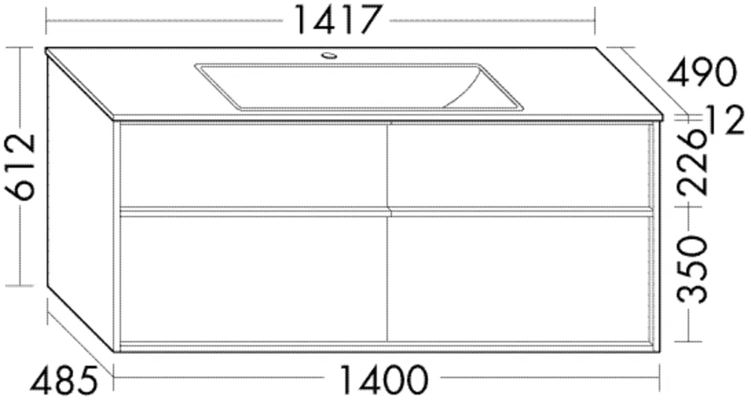 Keramik-Waschtisch Sys K2 inkl. Waschtischunterschrank - Uomo, 490x1417x382 mm, 2 Schubladen oben, 2 Auszüge unten, mittiger Installationsraum