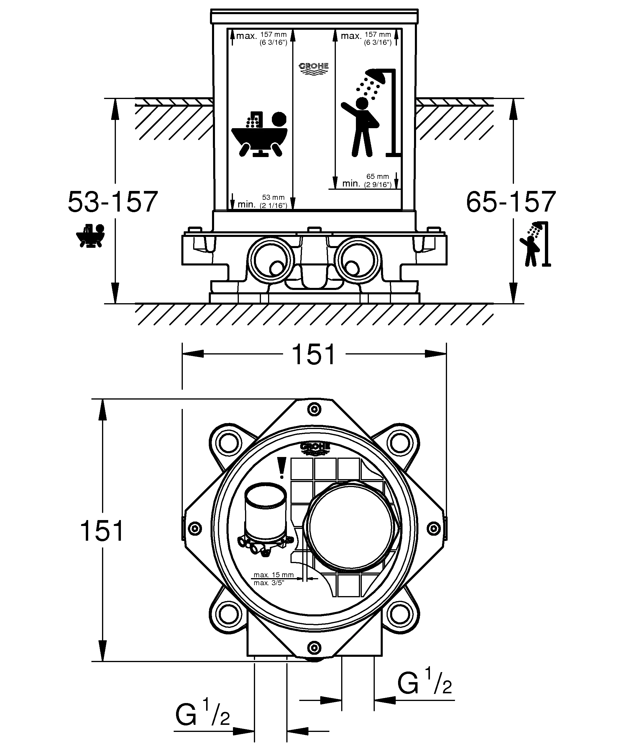 Rohbauset 45984_1, DN 15, für freistehende Wanneneinläufe und Mischbatterien