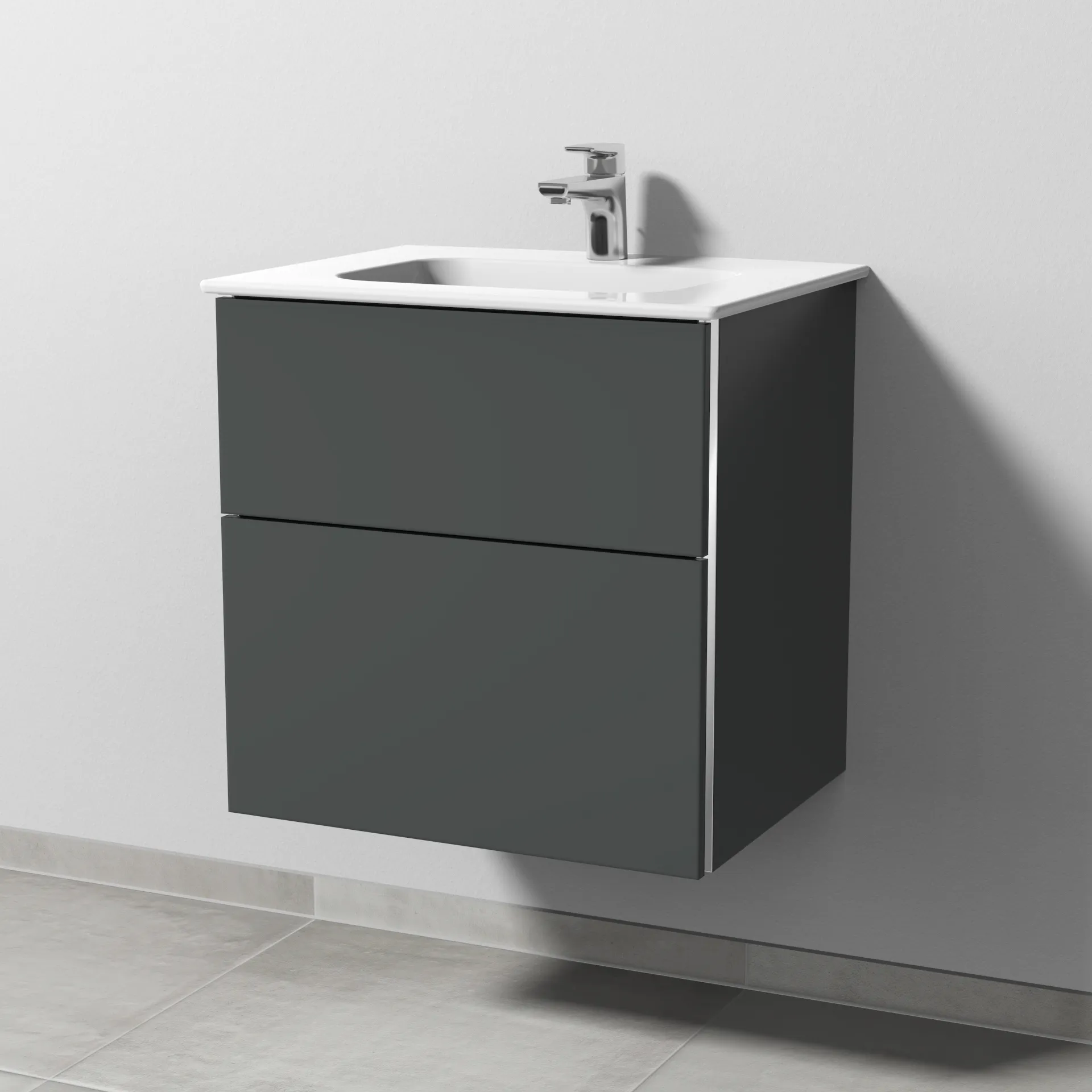 Sanipa Keramik-Waschtisch-Waschtischunterschrank mit Waschtischunterschrank „3way“ 570 × 582 × 460 mm in Anthrazit (matt), mit Hahnlochbohrung, Becken mittig Sanipa Keramik-Waschtisch-Waschtischunterschrank mit Waschtischunterschrank „3way“ 570 × 582 × 460 mm in Anthrazit (matt), mit Hahnlochbohrung, Becken mittig