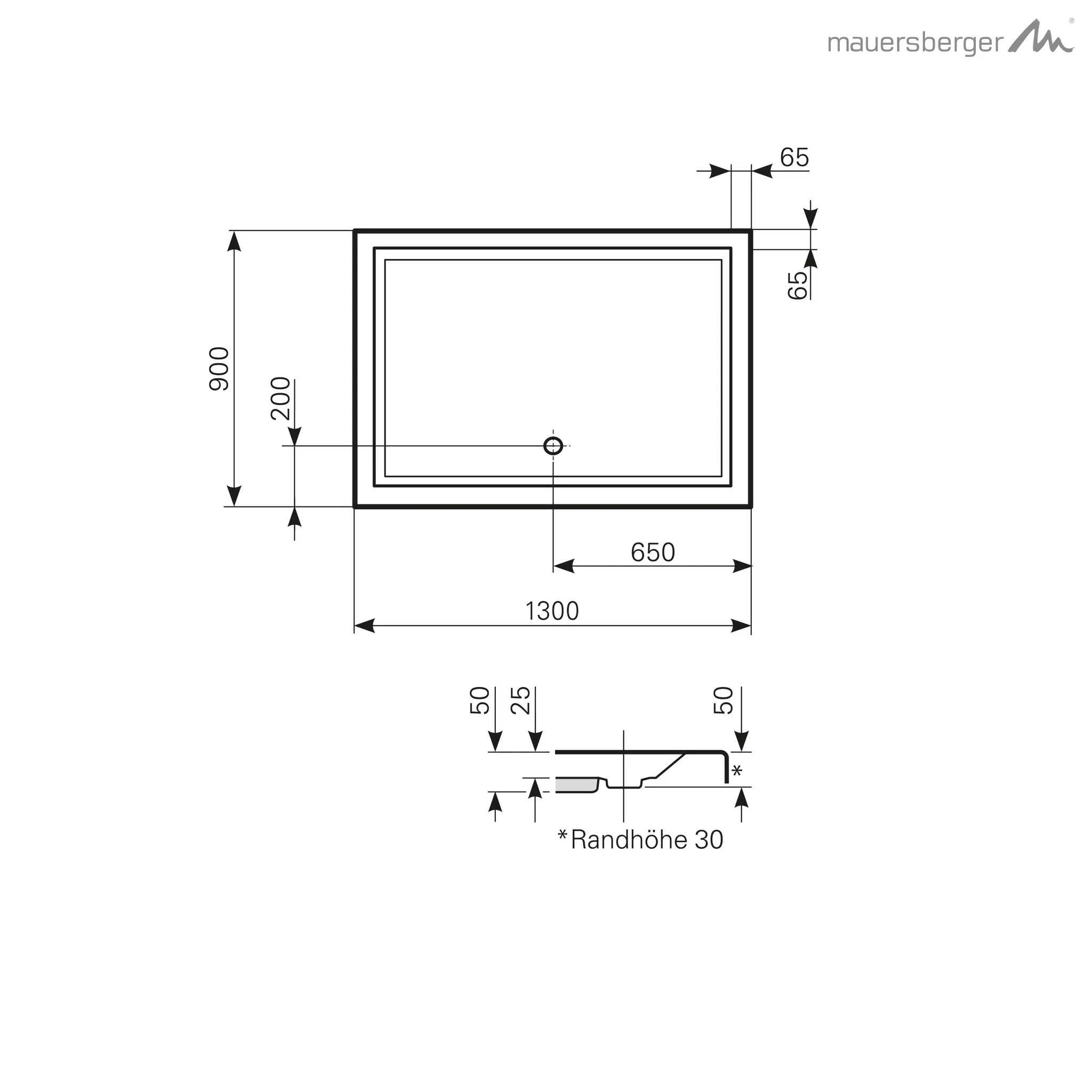 Mauersberger Duschwanne „lupina“ 1300 × 900 mm in Manhatten-Grau