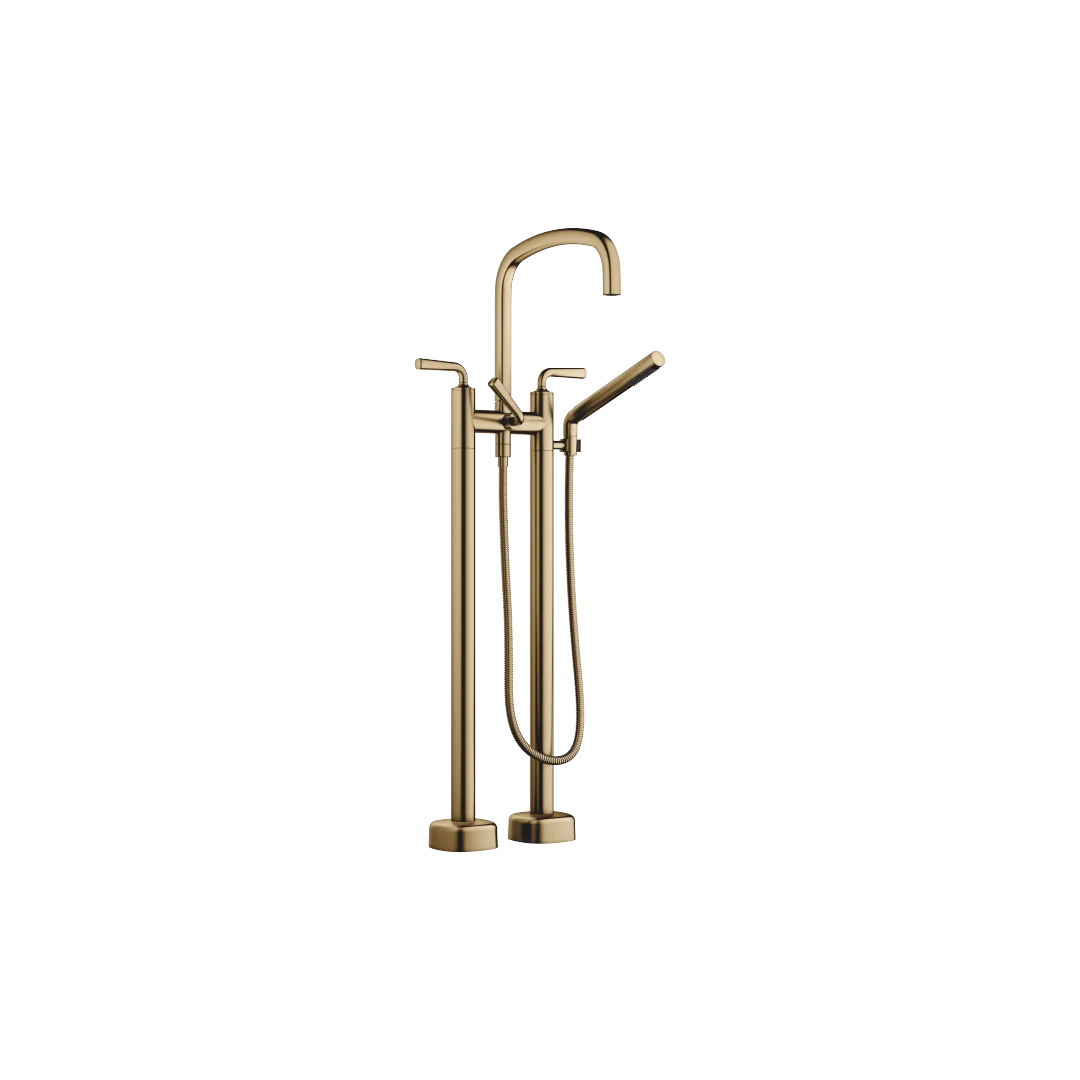 Dornbracht COYA Wannen-Zweilochbatterie für freistehende Montage, Dark Brass gebürstet (PVD), Ausladung 280 mm, Höhe gesamt 946 mm, Schubrosetten Ø 100 mm