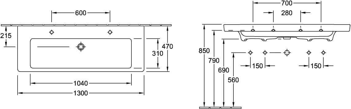 Wandwaschtisch „Subway 2.0“ 130 × 47 × 16 cm, mittig, Hahnlochposition links und rechts, mit Hahnlochbohrung Wandwaschtisch „Subway 2.0“ 130 × 47 × 16 cm, mittig, Hahnlochposition links und rechts, mit Hahnlochbohrung
