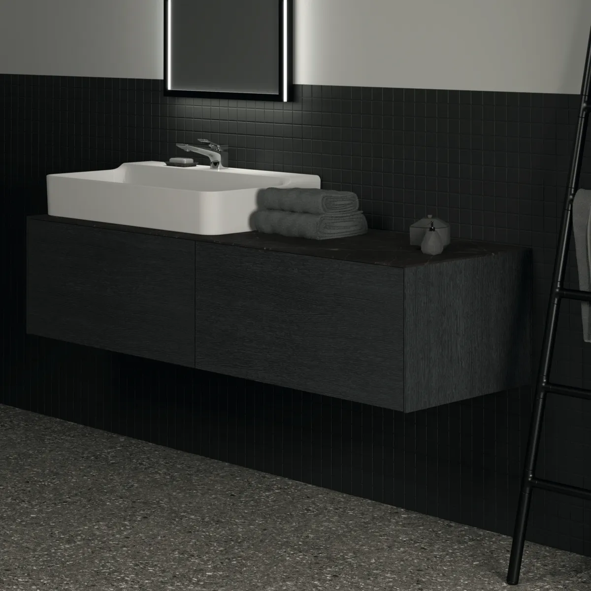 Waschtischplatte Conca, aus Keramik, 1587x505x6mm, Marmor Noir Desir