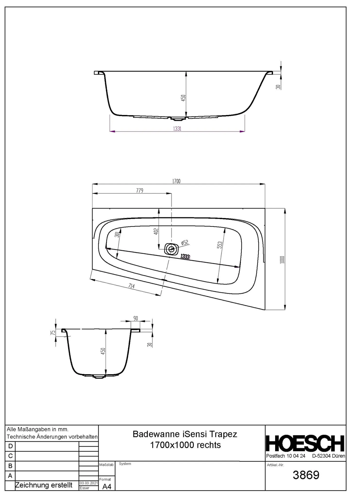 Hoesch iSensi Trapez 1700x1000 rechts weiß Hoesch iSensi Trapez 1700x1000 rechts weiß