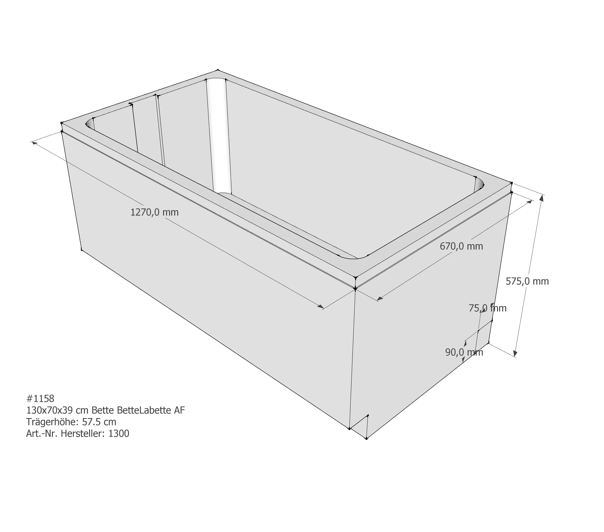 Badewannenträger für Bette La 130 × 70 × 39 cm Breite: 70 cm / Höhe: 39 cm / Länge: 130 cm