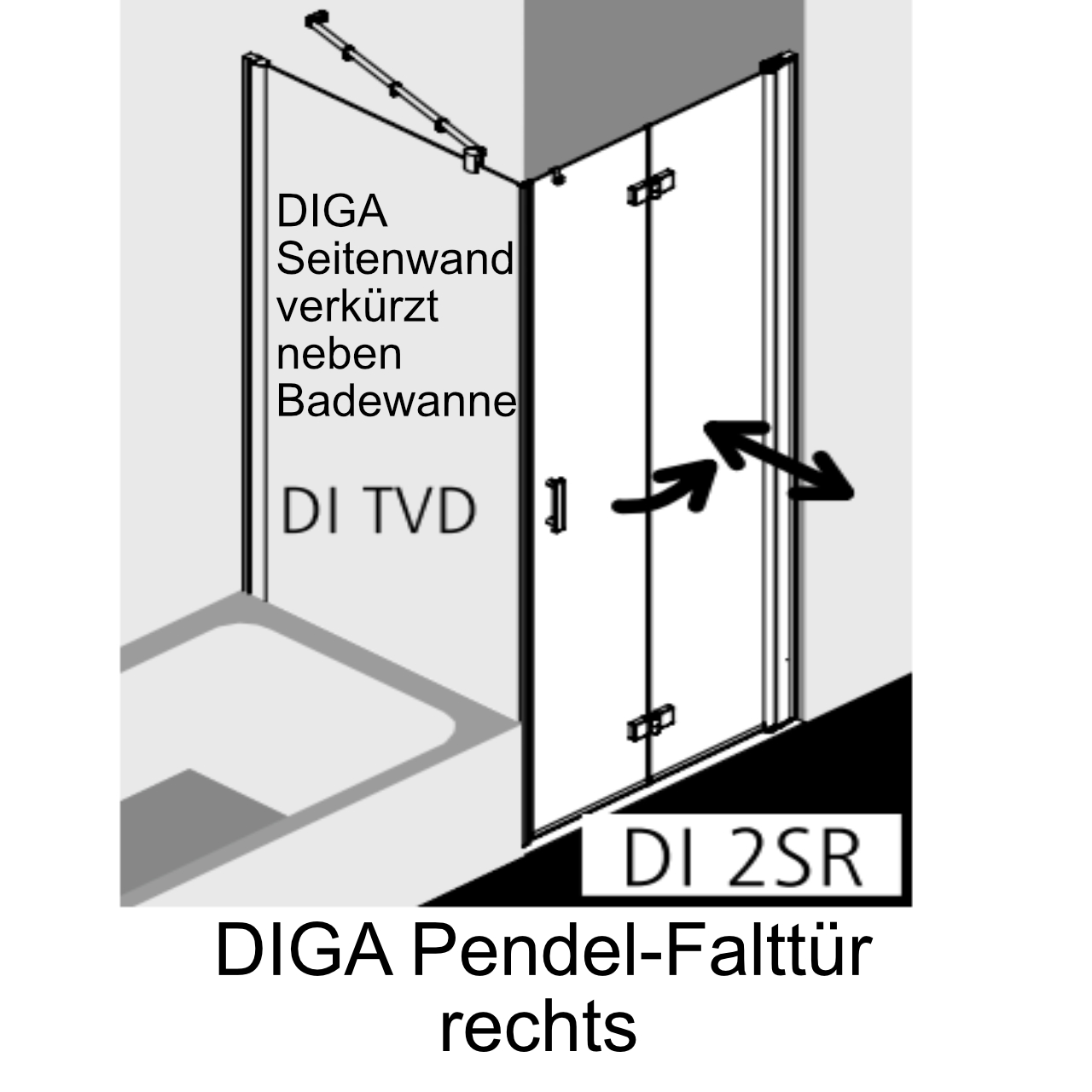 Kermi Pendel-Falttür links „Diga“ Glas Klar, Falttür BV: 680 - 700 mm GAK: 665 - 685 mm WE: 690 - 710 mm H: 1850 mm