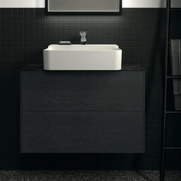 Waschtischplatte Conca, aus Keramik, 802x373x6mm, Marmor Noir Desir