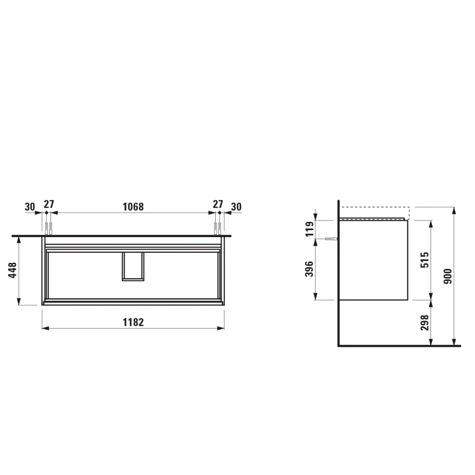 Waschtischunterbau, MEDA, 448x1182x515, mit 2 Schubladen, 1 Ordnungssystem, integrierte Griffleiste, Vollauszug und Soft-Close, für Waschtisch MEDA H814111 (120 cm), weiß matt