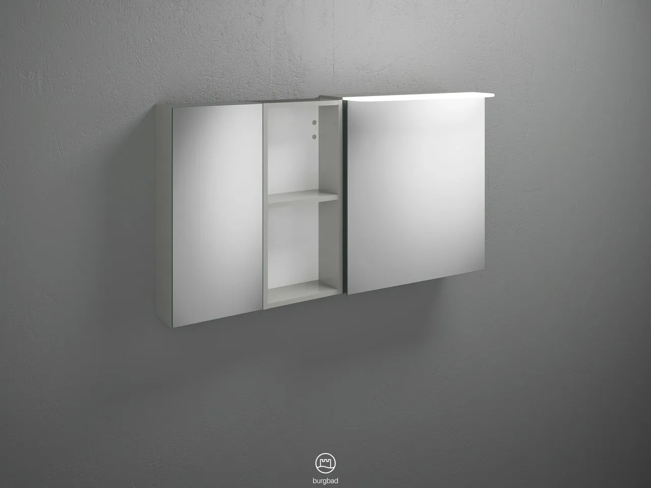 Burgbad Spiegelschrank Badu SFTX120, 310x1200x665 mm, 2 beidseitig verspiegelte Türen, LED-Aufsatzleuchte 4200 K, Schalter-Steckdosenelement Burgbad Spiegelschrank Badu SFTX120, 310x1200x665 mm, 2 beidseitig verspiegelte Türen, LED-Aufsatzleuchte 4200 K, Schalter-Steckdosenelement