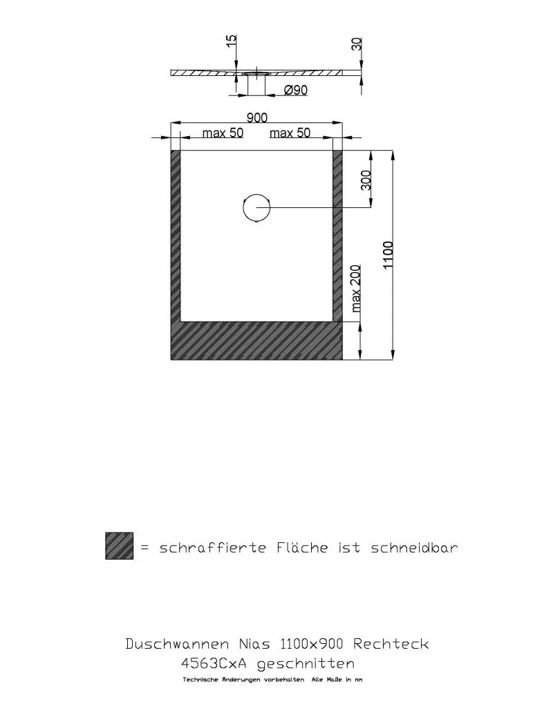 Hoesch rechteck Duschwanne geschnitten „Nias“ mit strukturierter Oberfläche 110 × 90 cm in Telegrau