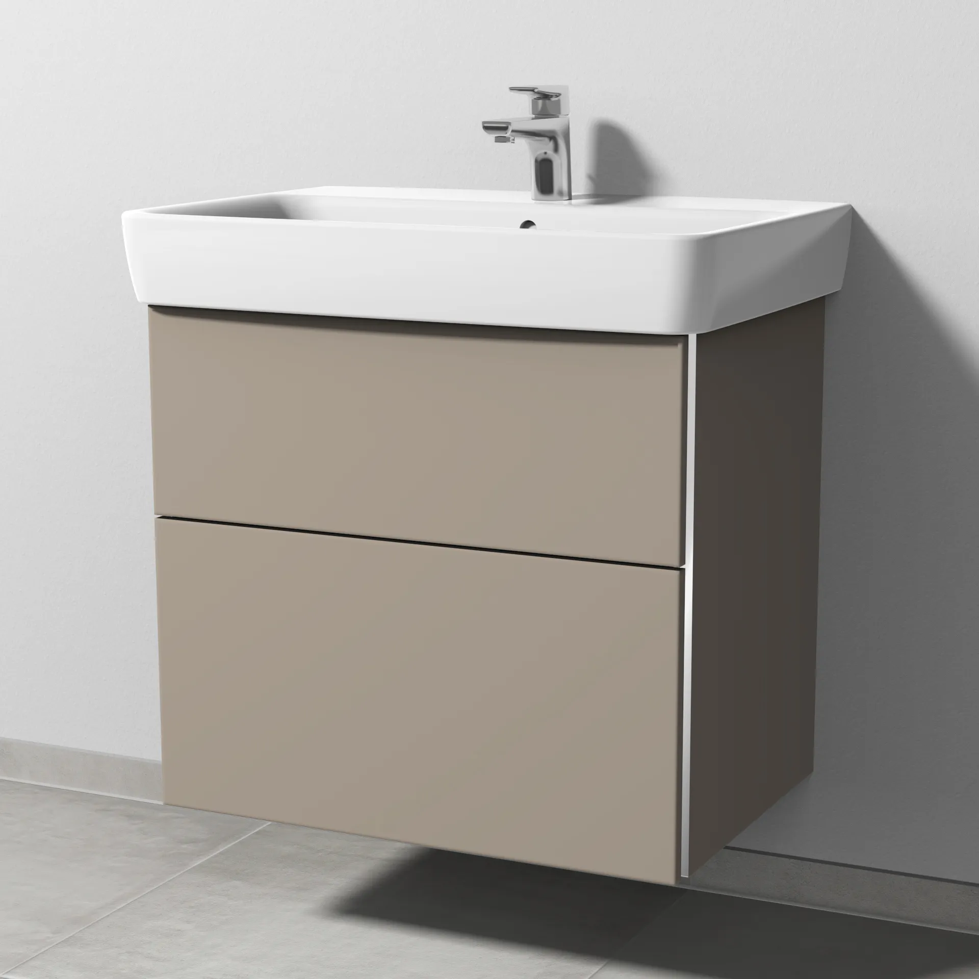 Sanipa Waschtischunterschrank „3way“ passend zu Keramik-Waschtische Renova Plan von Geberit 635 × 588 × 407 mm in Sandgrau (matt), Becken mittig