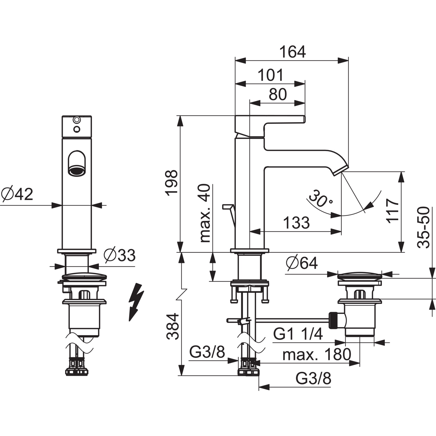 EHM Waschtischbatterie, Niederdruck VANTIS Style 5438 Ablaufgarnitur mit Zugstange Ausladung 133 mm Chrom