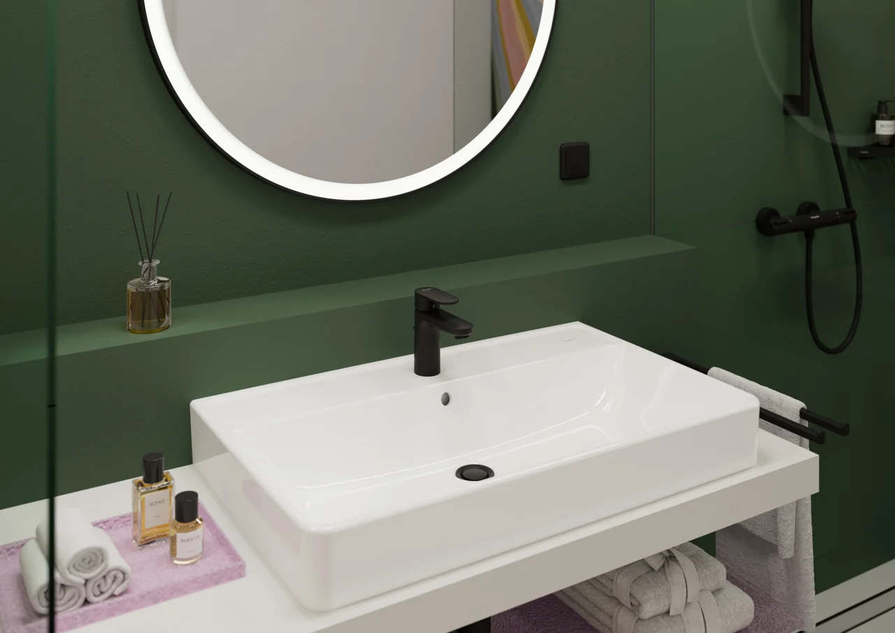 Hansgrohe Xarita Lite S Spiegel mit runder LED-Beleuchtung, Mattschwarz, Maße 900 x 900 x 30 mm