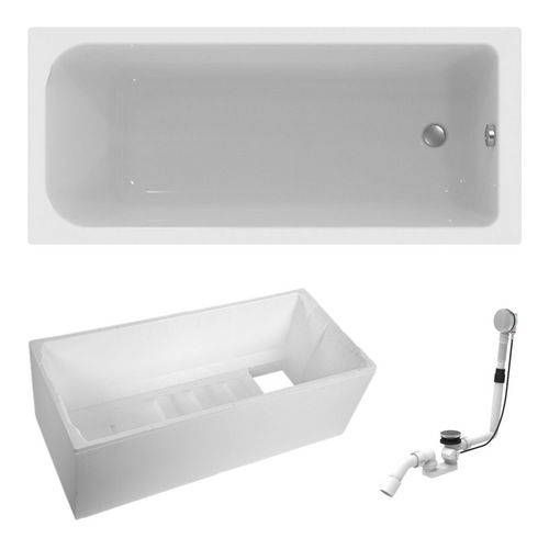 Set Badewanne 170 x 75 cm mit Ablauf und Träger, weiß