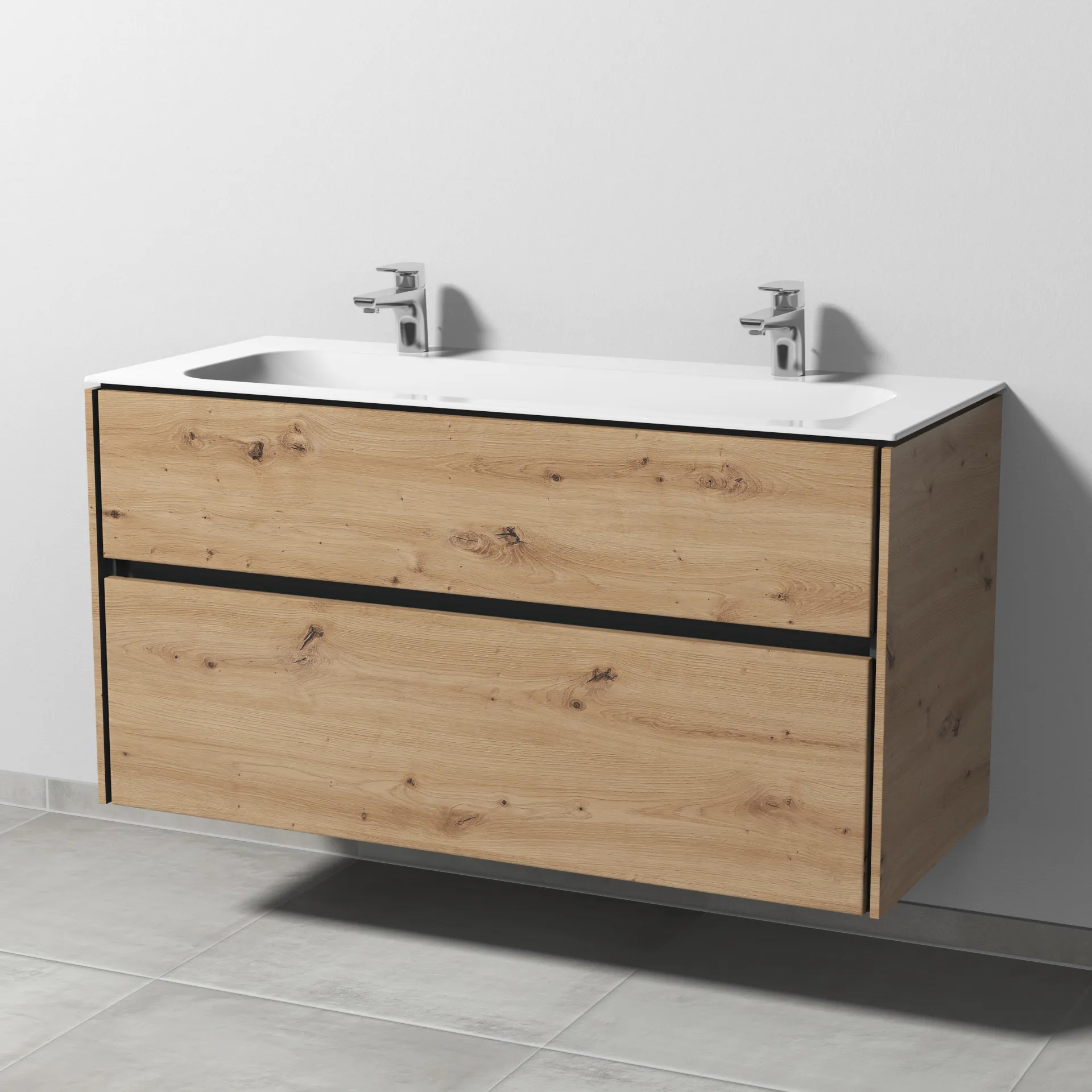 Keramik-Waschtisch-Set mit Waschtischunterschrank „Twiga“ 119 × 50 × 61 cm in Eiche Natural-Touch, ohne Beleuchtung, mit Hahnlochbohrung Keramik-Waschtisch-Set mit Waschtischunterschrank „Twiga“ 119 × 50 × 61 cm in Eiche Natural-Touch, ohne Beleuchtung, mit Hahnlochbohrung