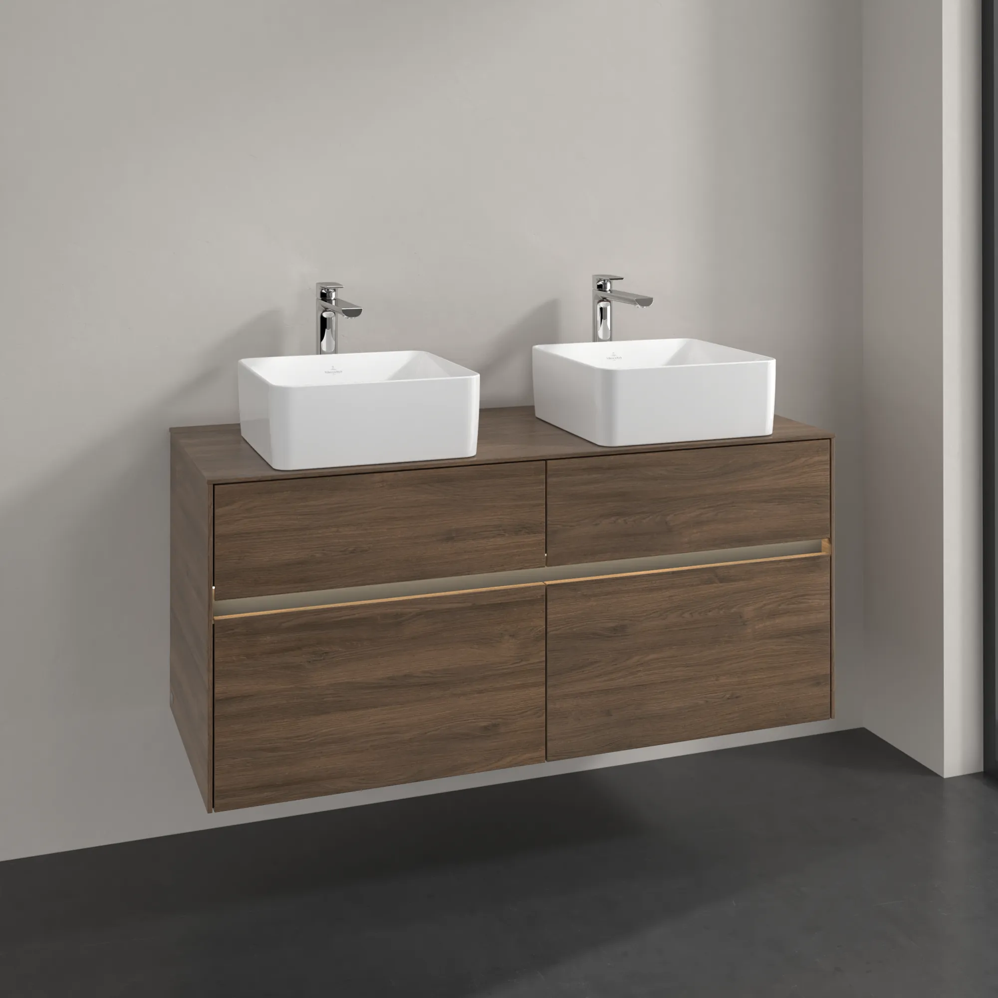 Villeroy & Boch Waschtischunterschrank „Collaro“ 1200 × 548 × 500 mm Arizona Oak, mit Beleuchtung, für links und rechts