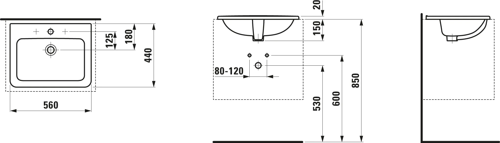 Einbauwaschtisch von oben PRO A 440x560x150 1 Hahnloch mit Überlauf weiß