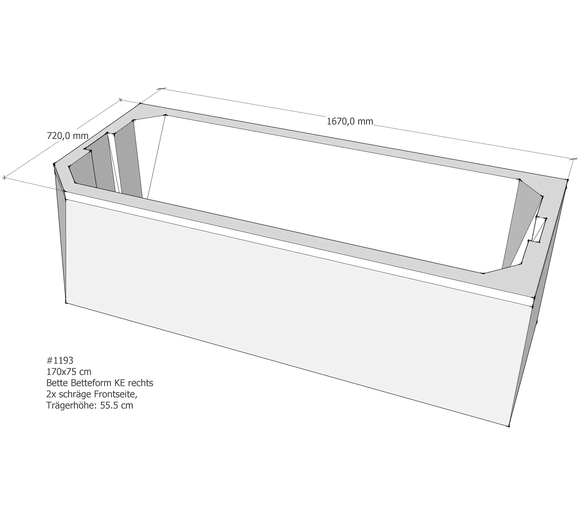Badewannenträger für Bette Profi-Form KE rechts schräge Frontseite 170 × 75 × 42 cm