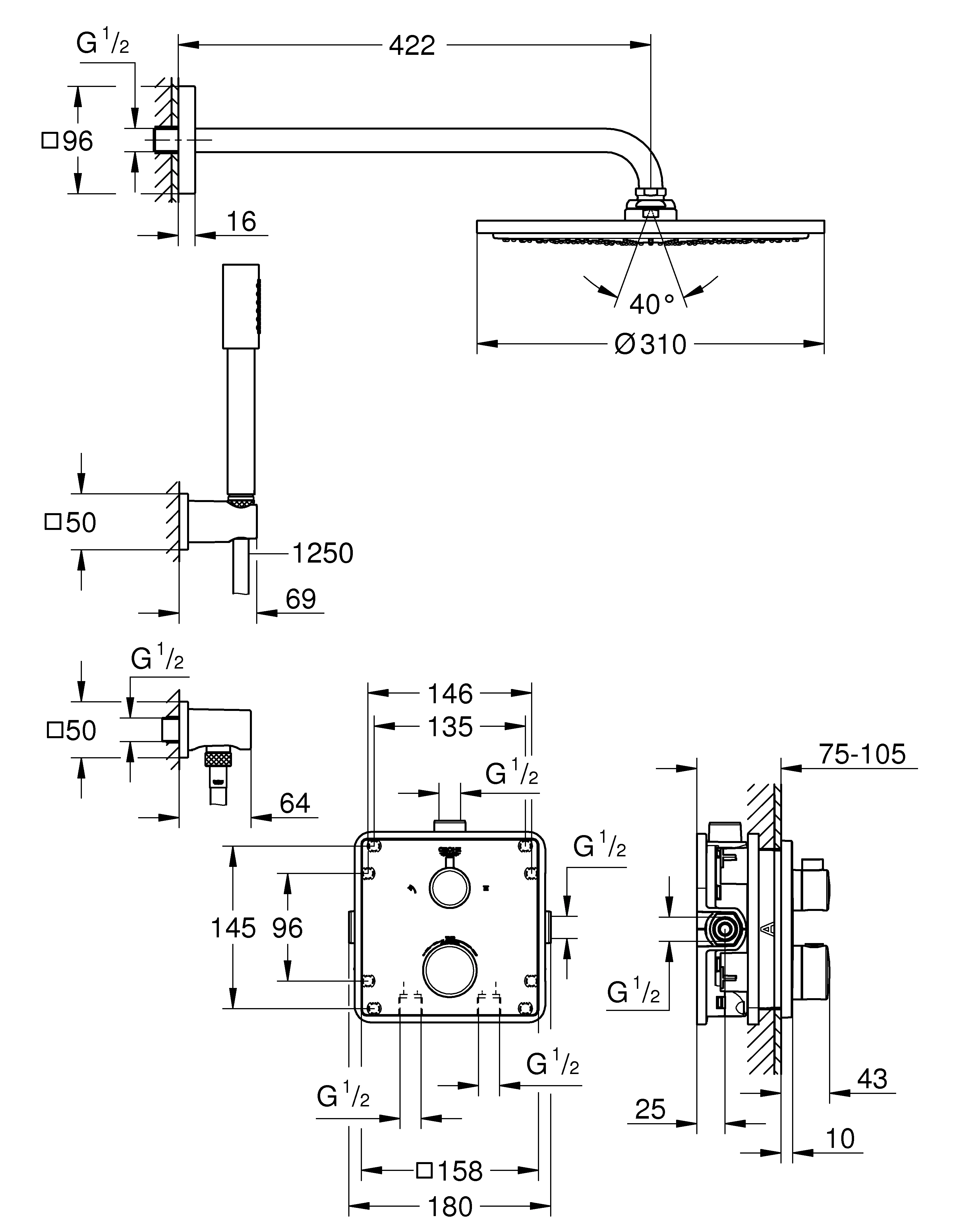 Duschsystem Unterputz Grohtherm 34730, mit Grohtherm Thermostat mit integrierter 2-Wege-Umstellung, Rainshower Cosmopolitan 310 Metall-Kopfbrause, eckige Rosette, chrom