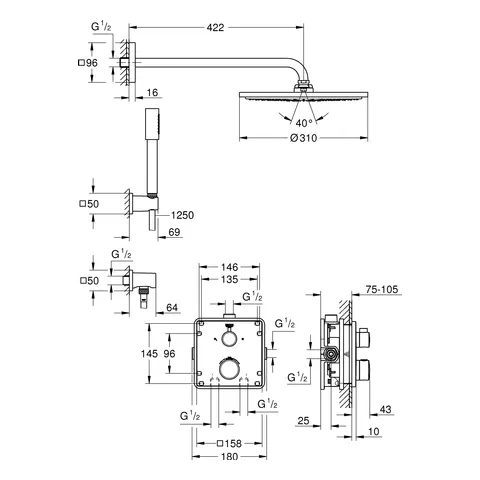 Duschsystem Unterputz Grohtherm 34730, mit Grohtherm Thermostat mit integrierter 2-Wege-Umstellung, Rainshower Cosmopolitan 310 Metall-Kopfbrause, eckige Rosette, chrom Duschsystem Unterputz Grohtherm 34730, mit Grohtherm Thermostat mit integrierter 2-Wege-Umstellung, Rainshower Cosmopolitan 310 Metall-Kopfbrause, eckige Rosette, chrom