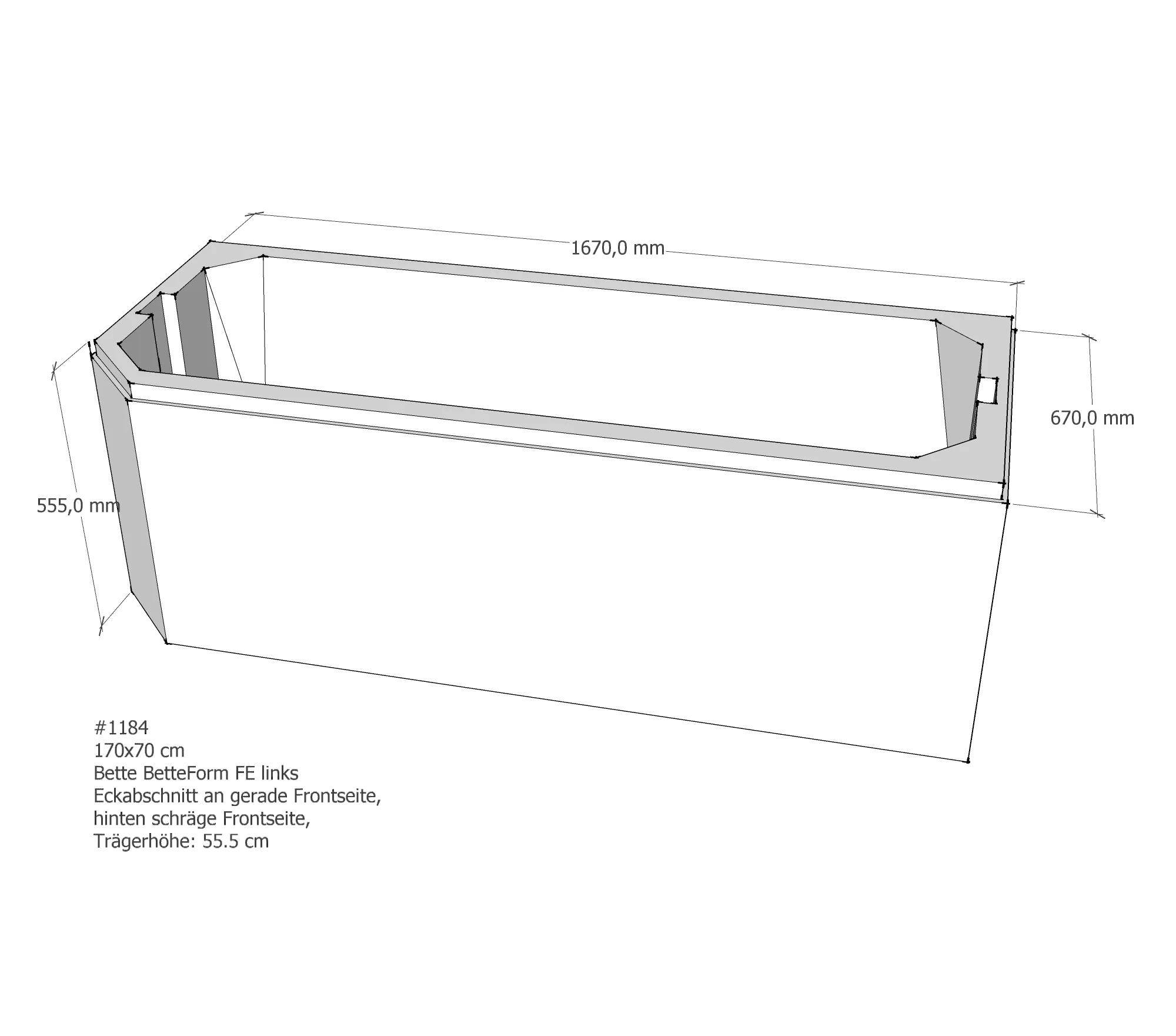 Badewannenträger für Bette Profi-Form FE links gerade Frontseite 170 × 70 × 42 cm Ausführung: links / Breite: 70 cm / Länge: 170 cm