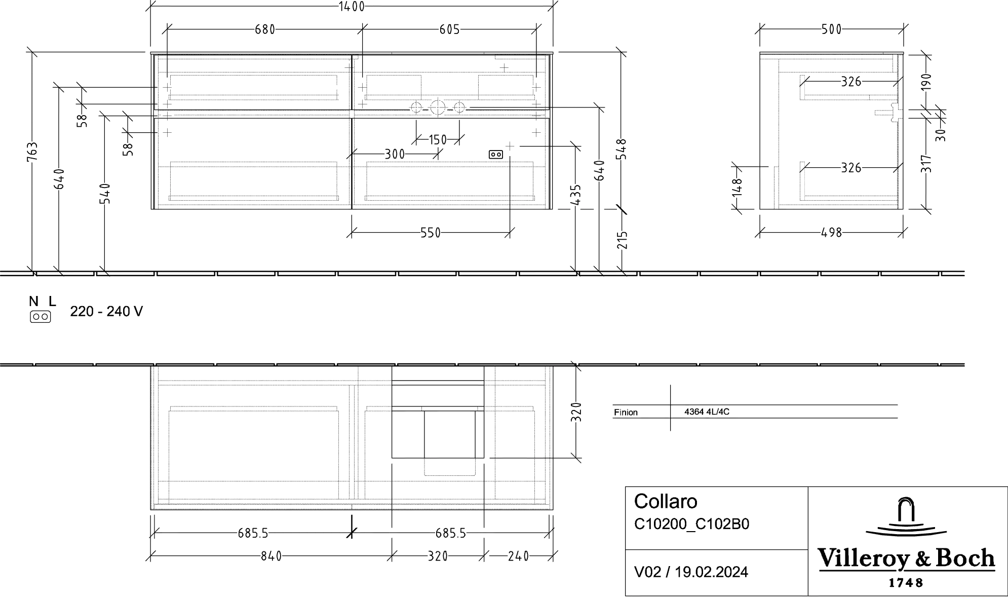 Villeroy & Boch Waschtischunterschrank „Collaro“ 1400 × 548 × 500 mm Black Oak, mit Beleuchtung, für Becken rechts
