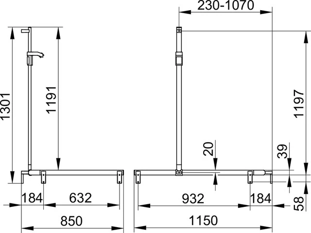 AXESS 35015010201 Duschhandlauf mit Brausestange rechts 840/1140/1300 mm verchromt