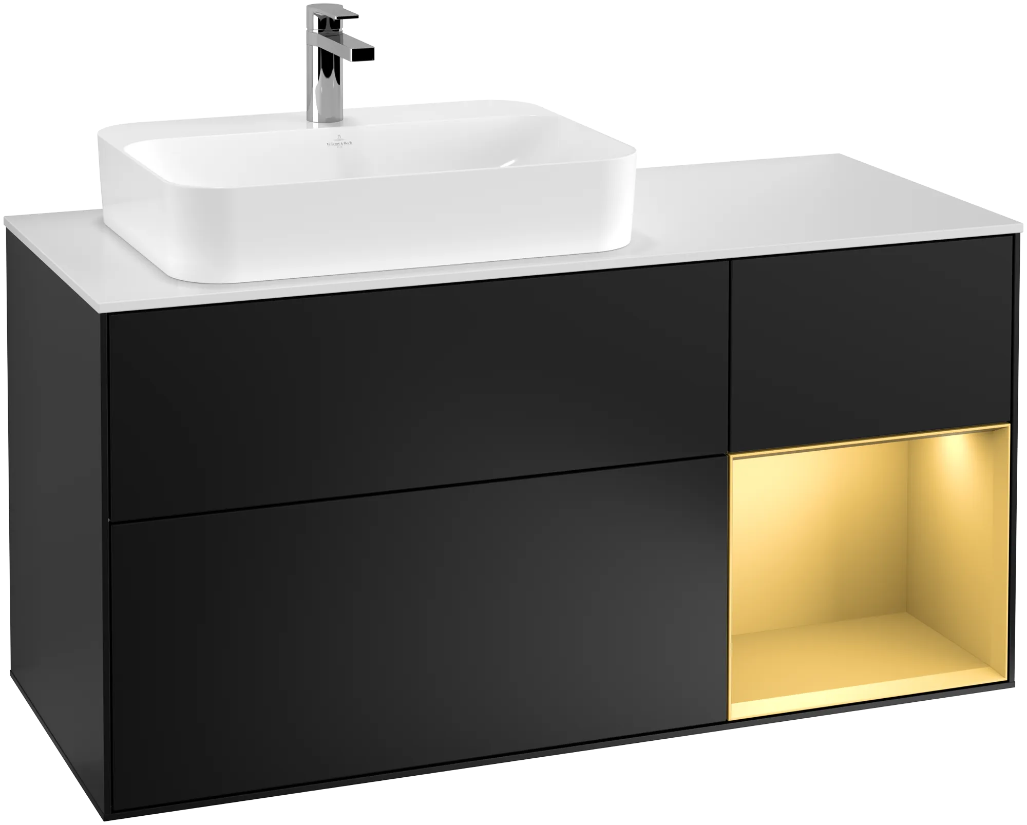 Villeroy & Boch Finion Waschbeckenunterschrank G40, 1200x603x501mm, Black Matt Lacquer / Gold Matt Lacquer / Glass White Matt