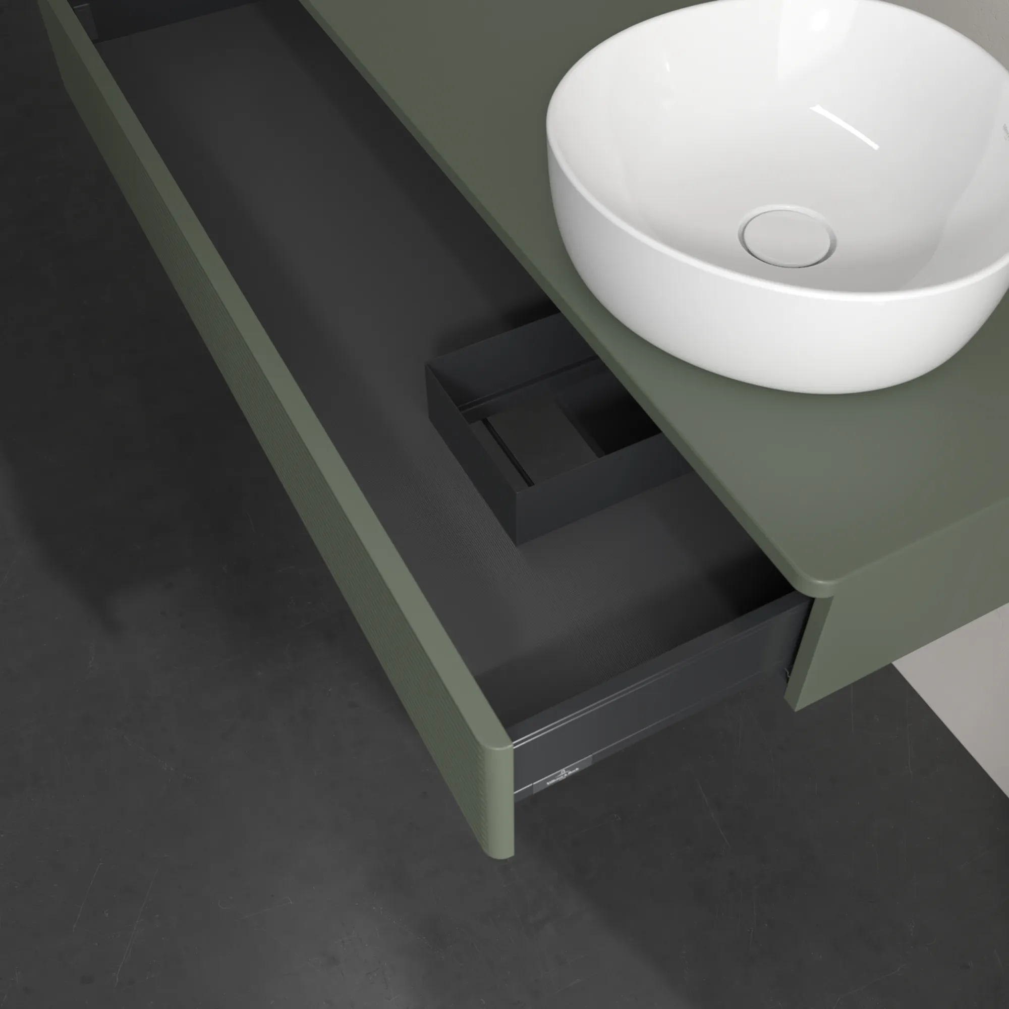 Villeroy & Boch Waschtischunterschrank „Antao“ 1200 × 190 × 500 mm Leaf Green Matt Lacquer, für Becken rechts, ohne Beleuchtung Villeroy & Boch Waschtischunterschrank „Antao“ 1200 × 190 × 500 mm Leaf Green Matt Lacquer, für Becken rechts, ohne Beleuchtung