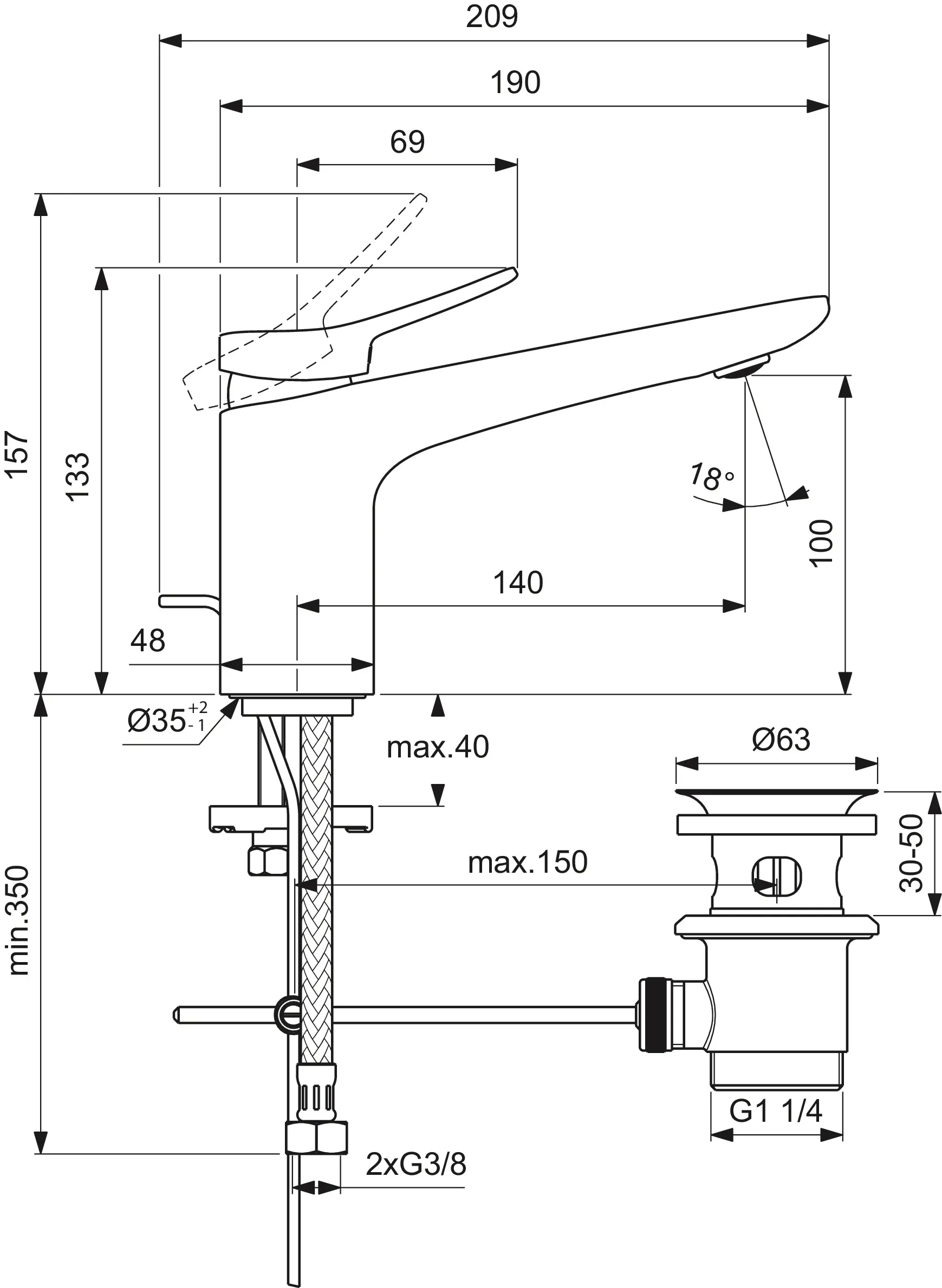 Einhand-Waschtischarmatur „Conca“ Ausladung 140 mm in Chrom