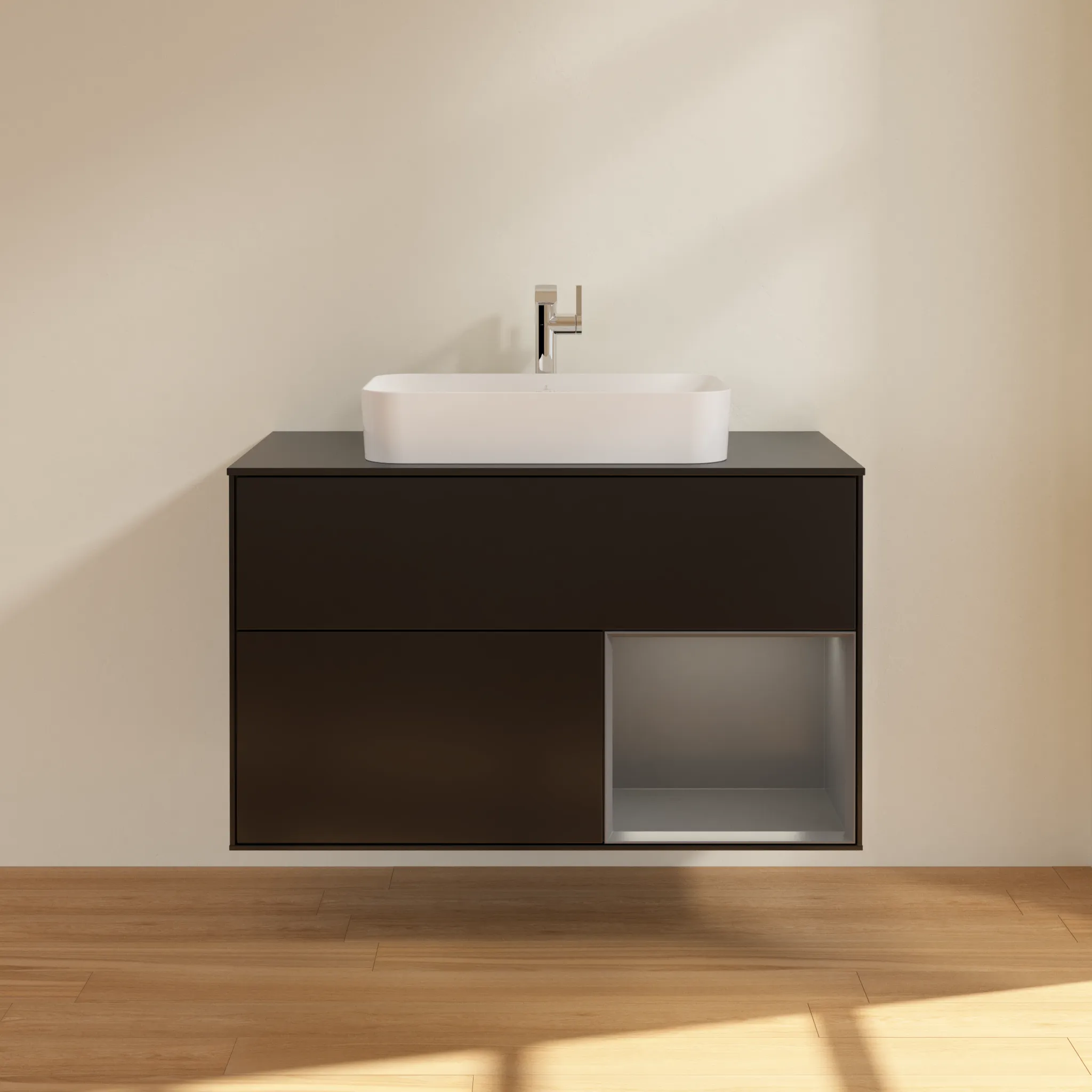 Villeroy & Boch Waschbeckenunterschrank Finion F25, 1000 x 603 x 501 mm, Black Matt Lacquer, mit Beleuchtung und Push-to-open Funktion