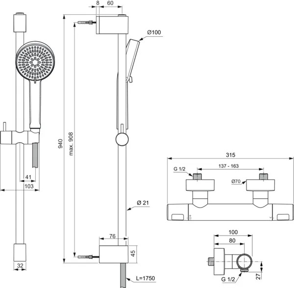 Ideal Standard Brausekombination Ceratherm T25 N, 900 mm, 2-Funktions-Handbrause Silk Black