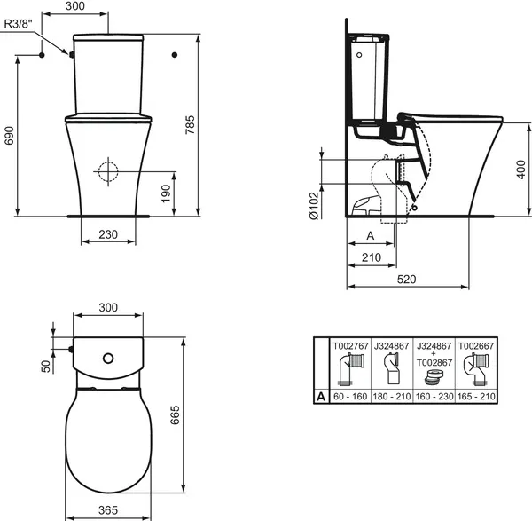 Stand-Tiefspül-WC-Kombi ConnectAIR, AquaBlade, Abgang waagrerecht verdeckt, 360x650x400mm, Weiß