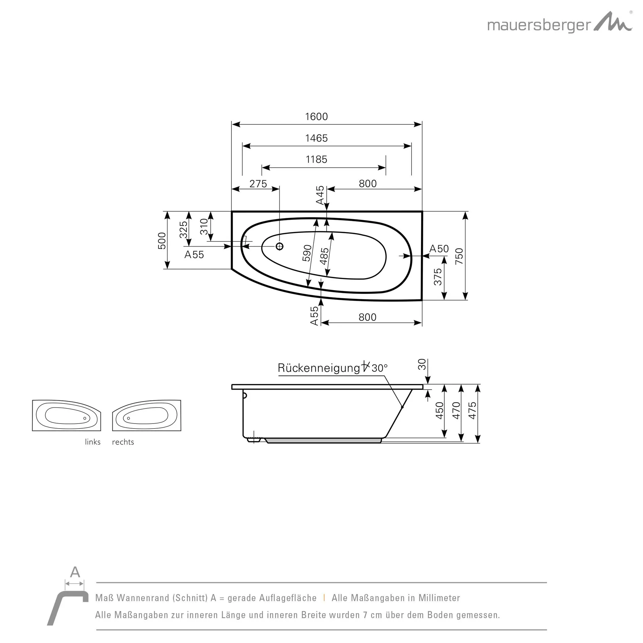 Mauersberger Acryl-Badewanne bombax 160/75 links, weiß Mauersberger Acryl-Badewanne bombax 160/75 links, weiß