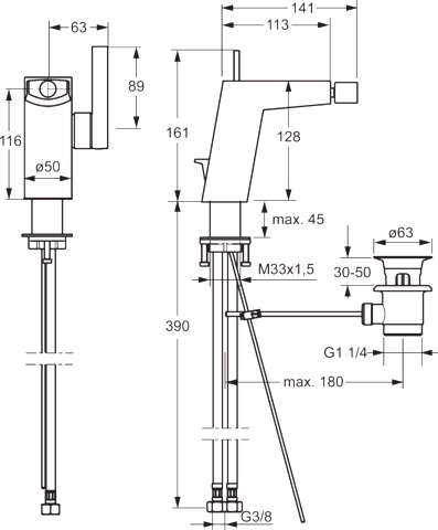 HA Einhebelmischer Bidetbatterie HANSALOFT 5758 Zugstangenablaufgarnitur Ausladung 141 mm DN15 Chrom