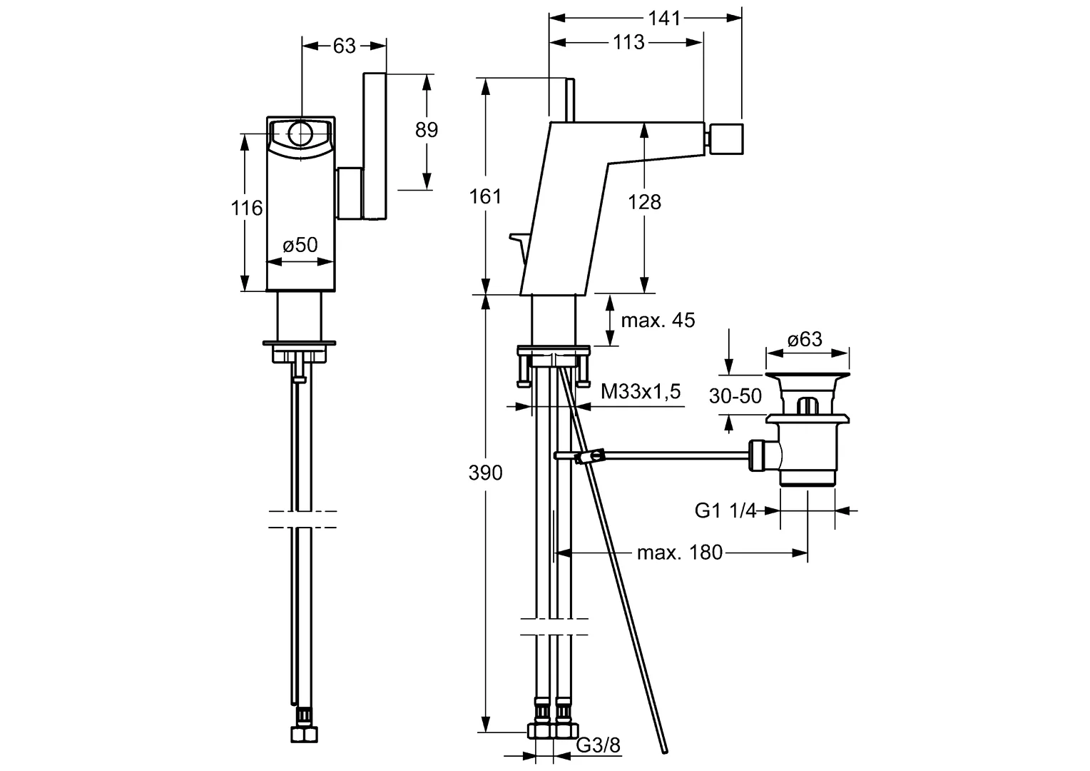 HansaLOFT Bidetarmatur Einhebelmischer HansaLOFT 5758 Zugstangenablaufgarnitur Ausladung 141 mm DN15 Chrom