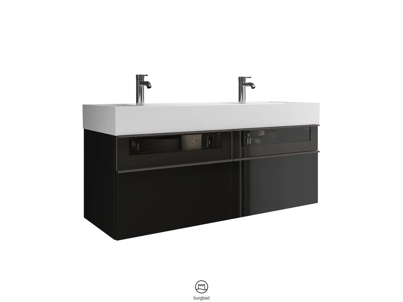 Mi-Waschtisch inkl. WTU Yumo von burgbad – Mineralguss, 470x1315x610 mm, 2 Schubladen, Rauchglaseinsatz Mi-Waschtisch inkl. WTU Yumo von burgbad – Mineralguss, 470x1315x610 mm, 2 Schubladen, Rauchglaseinsatz
