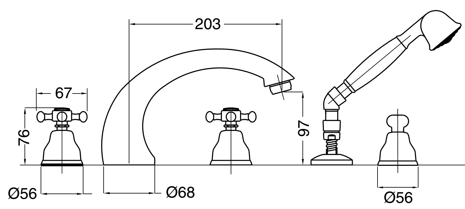 5-Loch Wannenfüll- und Brausebatterie AqvaRetro I - Ausladung 230 mm - inkl. Sicht- und Funktionsteilen - Umstellung - inkl. Brausegarnitur - keramische Innenoberteile 90° - chrom Passende Montageplatten finden Sie auf Seite 151!