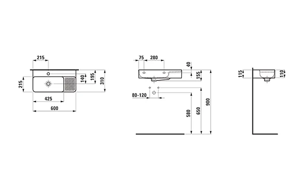 Waschtisch kompakt VAL 310x600x155 1 Hahnloch mit Überlauf seitlich rechts semi-trockener Bereich rechts weiß
