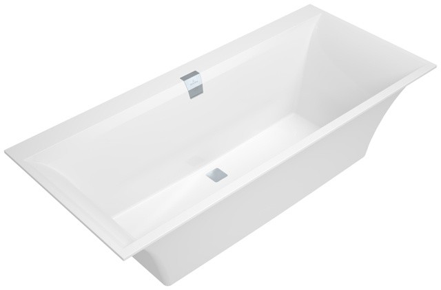 Set- Villeroy & Boch Badewanne „Squaro Edge 12“ 170 × 75 cm, Mittelablauf, Badewannenträger 170 × 75 × 45 cm, Villeroy & Boch Wasserzulauf