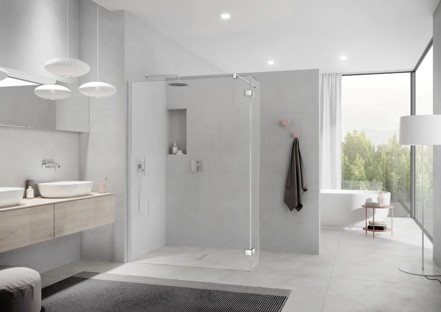 Kermi Duschdesign MENA, ME T1R/L, WALK-IN Wall mit beweglichem Flügel, Anschlag links, H 2000 mm, Wanneneinbaumaß 885-905 mm, Glasaußenkante 860-880 mm, Silber Hochglanz