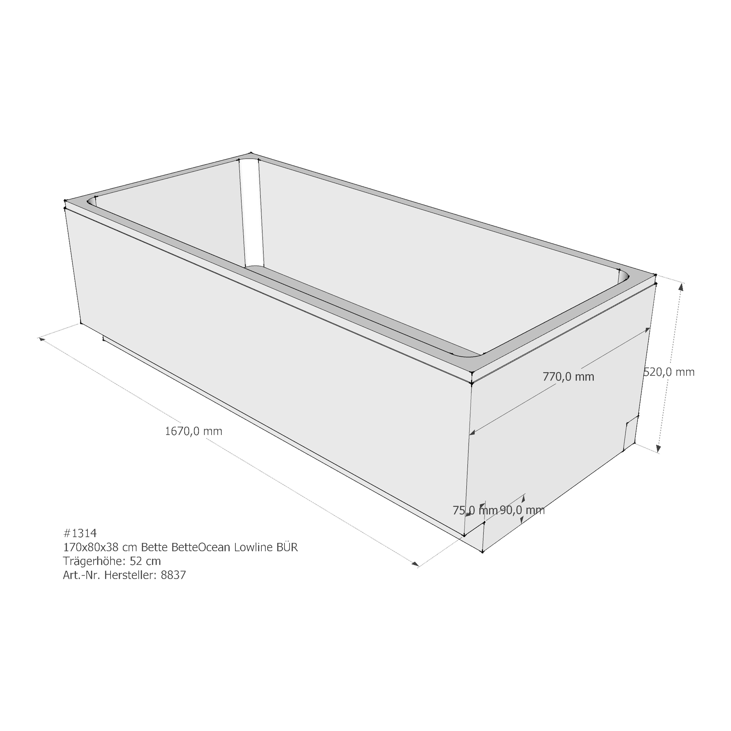 Badewannenträger für Bette Ocean Lowline 170 × 80 × 38 cm Ab- und Überlaufposition: vorn / Breite: 80 cm / Länge: 170 cm Badewannenträger für Bette Ocean Lowline 170 × 80 × 38 cm Ab- und Überlaufposition: vorn / Breite: 80 cm / Länge: 170 cm