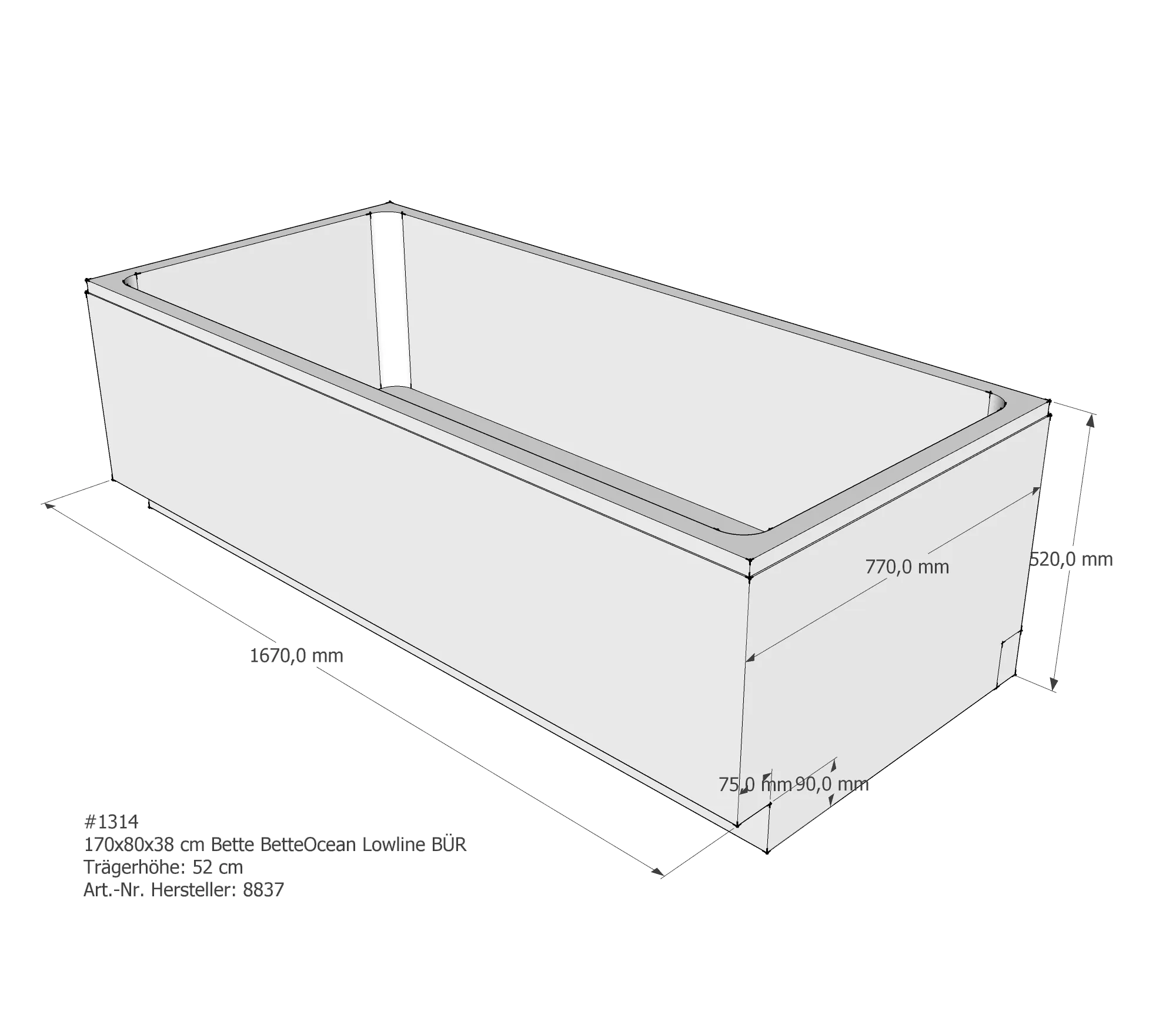 Badewannenträger für Bette Ocean Lowline 170 × 80 × 38 cm Ab- und Überlaufposition: vorn / Breite: 80 cm / Länge: 170 cm Badewannenträger für Bette Ocean Lowline 170 × 80 × 38 cm Ab- und Überlaufposition: vorn / Breite: 80 cm / Länge: 170 cm