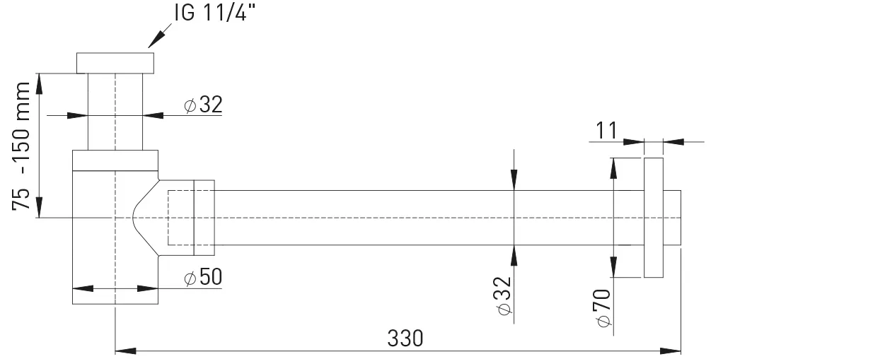 Frank Design-Geruchverschluss Messing vc 1 1/4″ x32mm,Wandrohr 300 mm,verschraubt