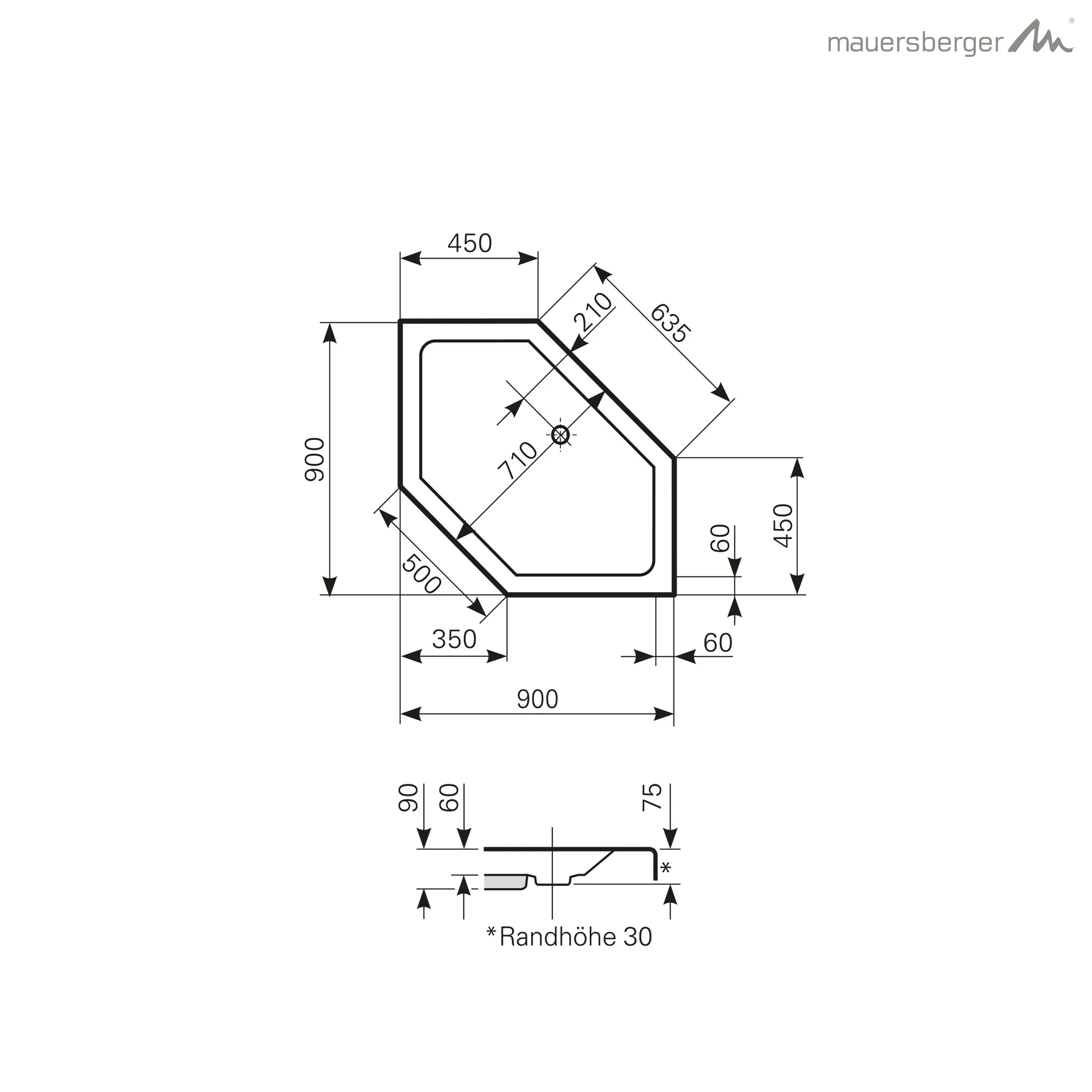 Mauersberger Acryl-Duschwanne cissus 90⁄45 flach, 900x900(450)x90, Farbgruppe: 2